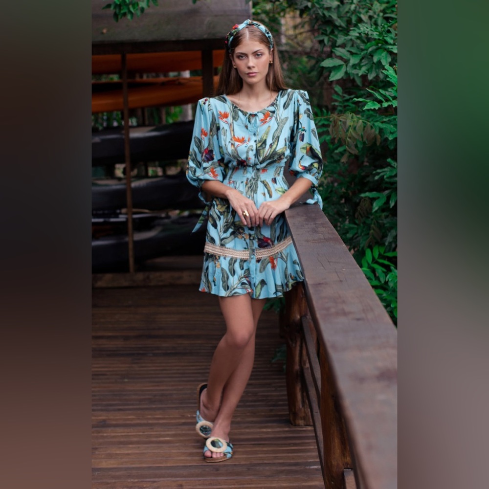 Anthropologie PatBo Padded Shoulder Tropical Print Cerulean S mini dress NWT